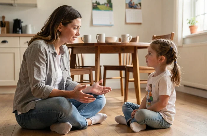 Une mère et sa fille assises face à face lors d'un temps d'échange structuré en famille