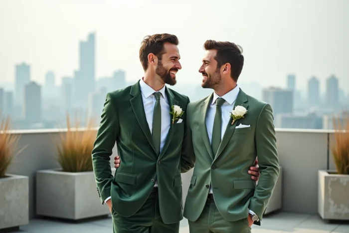 Marié en costume velours vert sauge sur rooftop urbain, nouvelle tendance mode mariage masculine