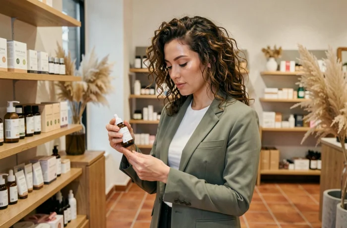 Jeune femme aux cheveux bouclés naturels examinant un sérum en flacon ambré dans une boutique beauté moderne et écoresponsable