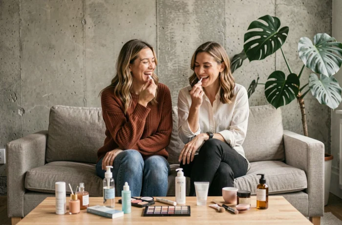 Deux femmes appliquant un baume à lèvres teinté ensemble dans un appartement moderne, entourées de produits de beauté tendance