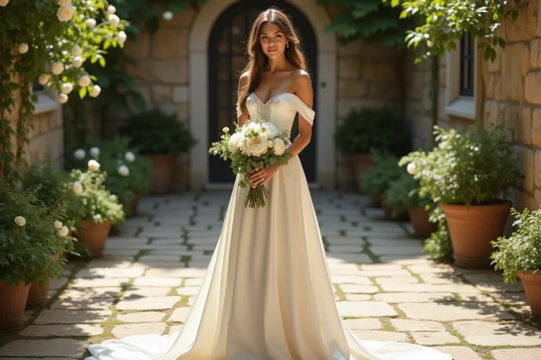 Mariée en robe de mariée ivoire satin dans un jardin de pierres fleuri, tendance mariage élégante