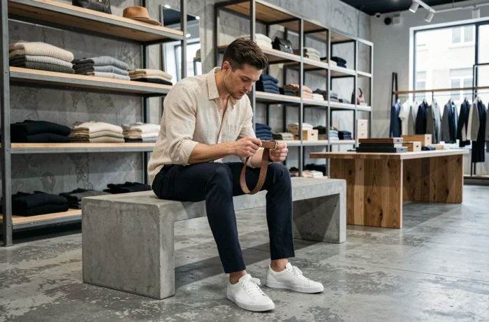 Homme tendance en chemise en lin et sneakers blanches explorant des accessoires dans un concept store minimaliste moderne