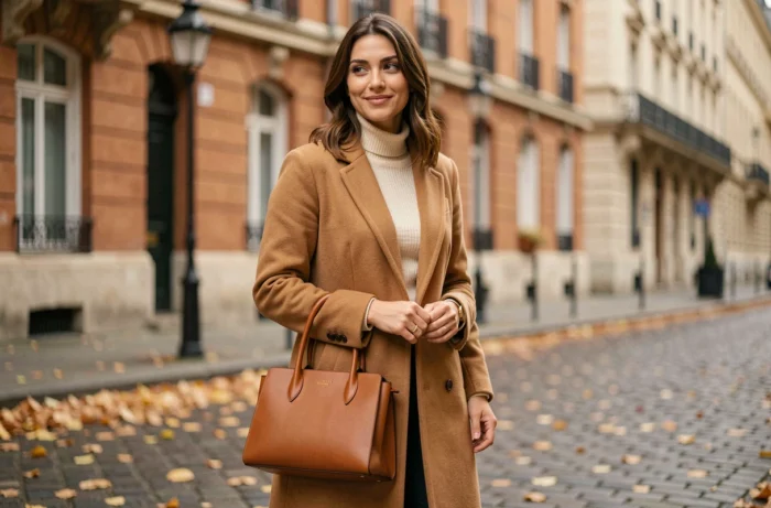 Femme élégante en manteau camel et sac en cuir cognac dans une rue parisienne en automne, tendances mode accessoires