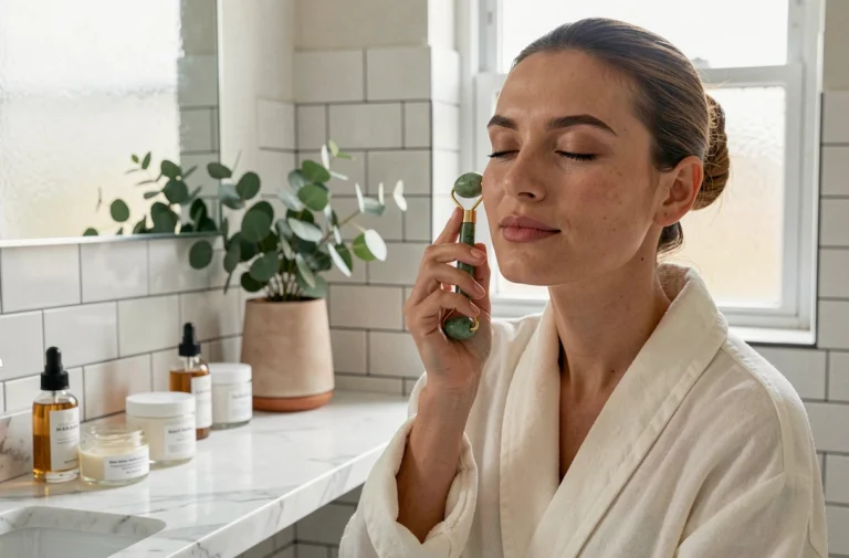 Femme appliquant un soin visage avec un rouleau en jade devant une coiffeuse en marbre dans une salle de bain minimaliste
