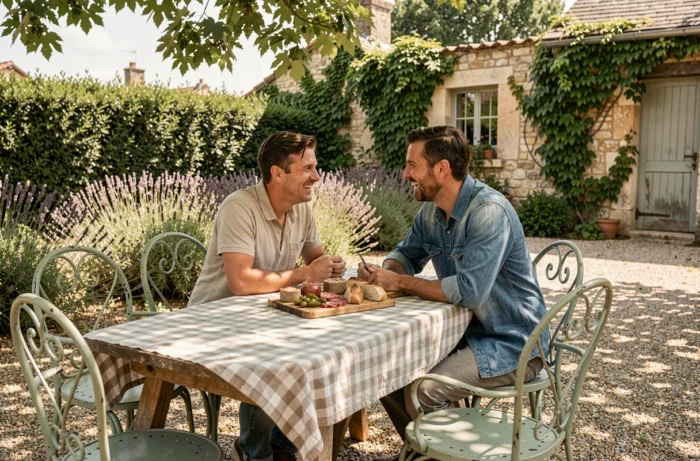 Couple partageant un plateau de charcuterie sur la terrasse ensoleillée du Bistrot de Marie entourée de lavande et de murs en pierre