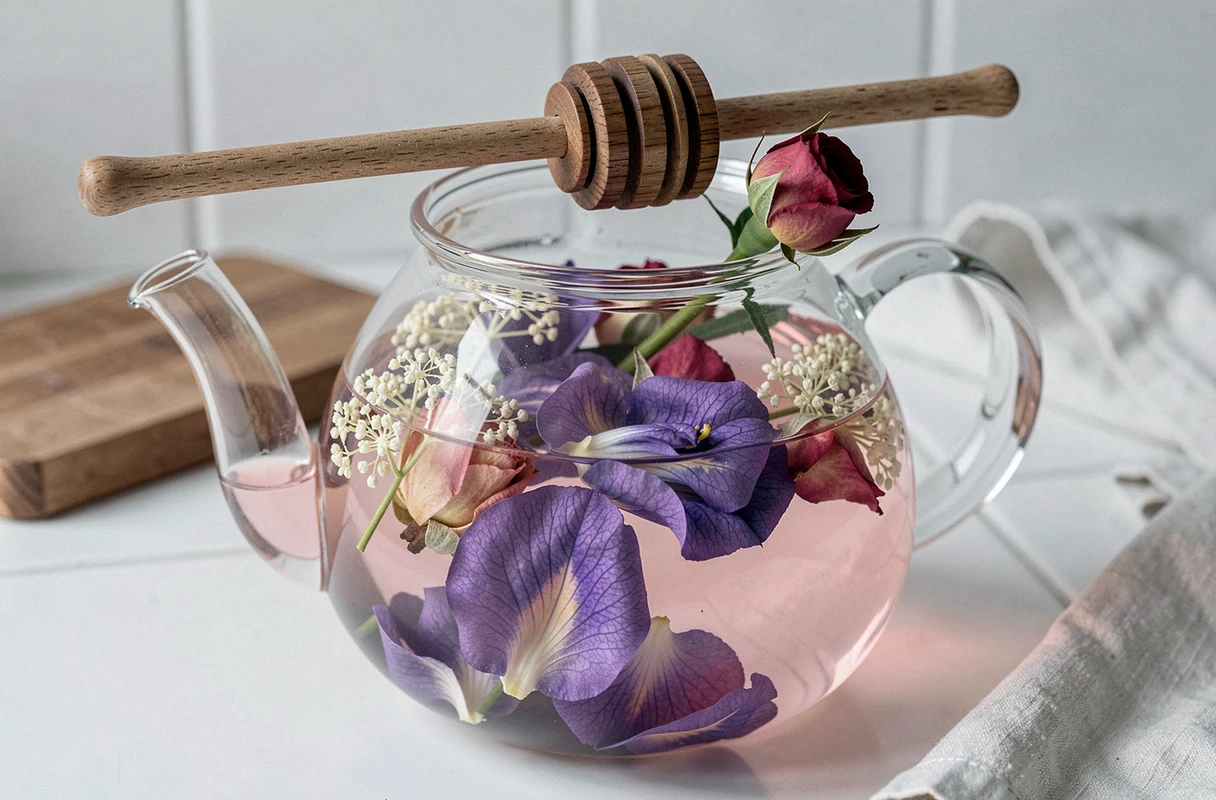 Gros plan d'une théière en verre contenant une infusion de fleurs de rose, pois papillon et sureau aux reflets violets et roses sur un plan de travail minimaliste