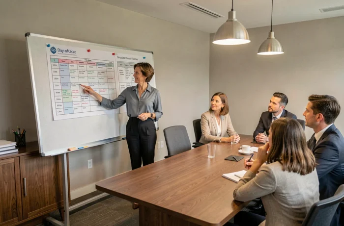 Une wedding planner debout devant un grand planning de journée de mariage affiché sur un tableau, en réunion avec des prestataires autour d'une table de conférence