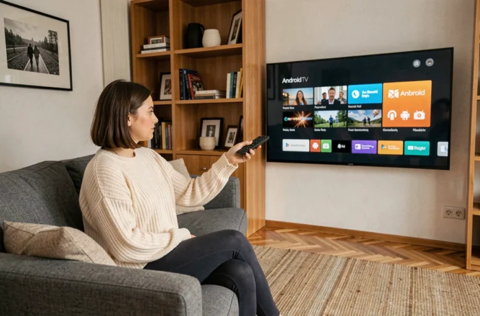 Femme utilisant la télécommande d'un stick Android TV devant un écran affichant l'interface Android TV