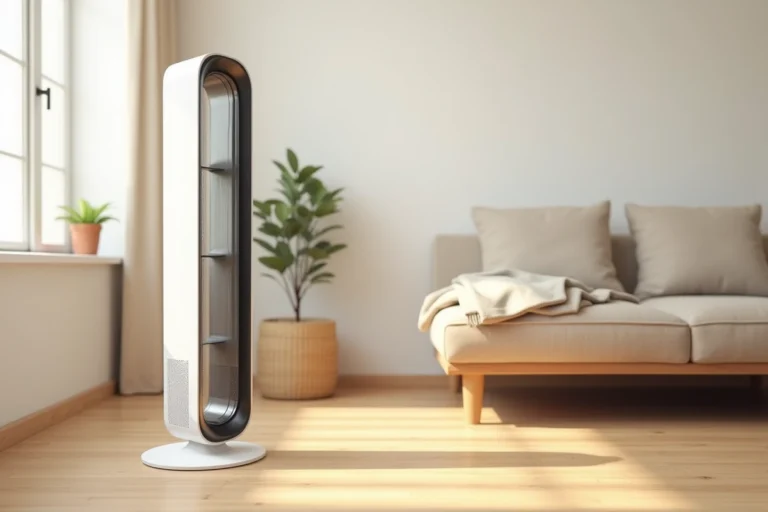Ventilateur colonne Valberg blanc posé sur un parquet en bois clair dans un salon moderne et épuré