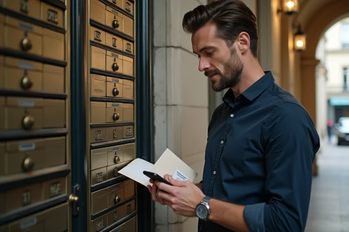 Homme vérifiant l'adresse expéditeur d'un courrier de l'association au 121 rue Manin Paris devant les boîtes aux lettres