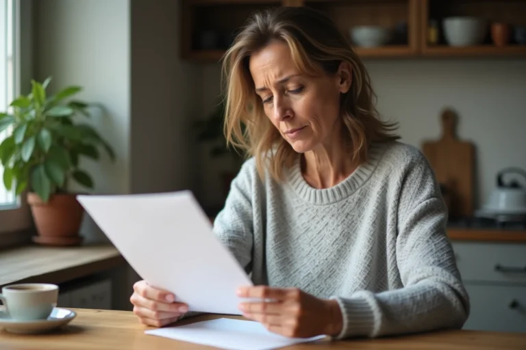 Femme lisant attentivement un courrier officiel de l'association Inser Asaf reçu par voie postale