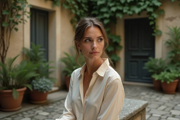 Femme élégante assise dans une cour parisienne, regard pensif évoquant une vie sentimentale intime et rare