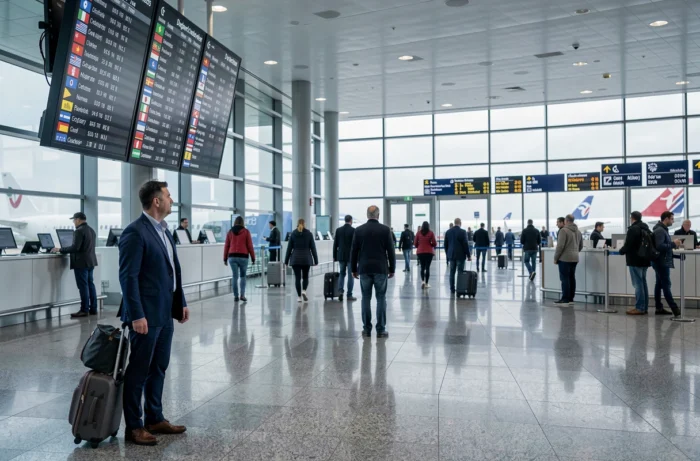 Voyageur d'affaires consultant le tableau des départs dans un terminal d'aéroport international