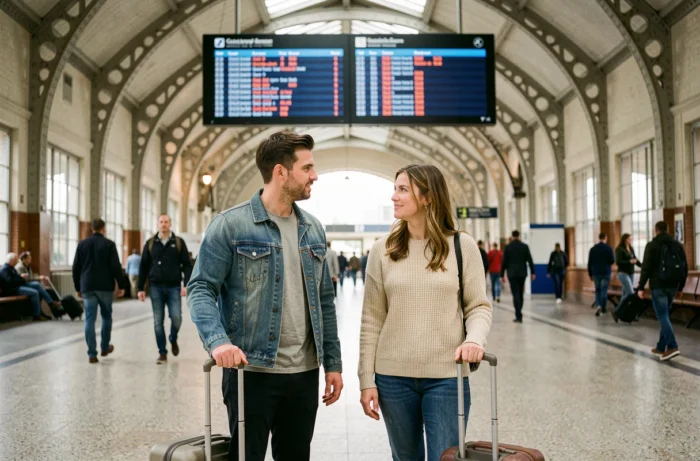Deux voyageurs en gare avec valises consultant le tableau des départs, ambiance de voyage urbain authentique