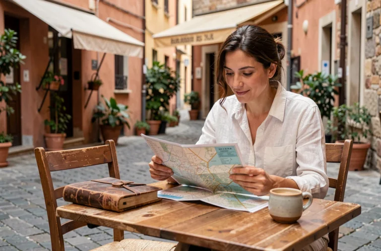 Voyageuse consultant une carte papier dans un café de rue européen, avec journal de voyage et tasse de café
